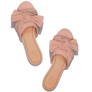 Tory Burch Peep Toe Bow Flat Slides Nude Suede